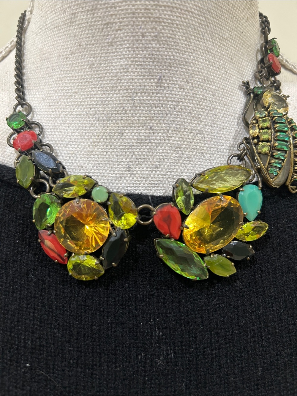 Touch Multicolor faceted Crystal Beetle Necklace antique gold tone chain marked